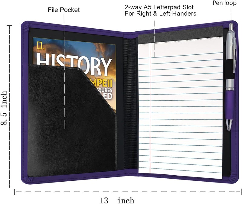 Konper Classic Padfolio/Junior Portfolio Folder Case, Business A5 Leather Organizer Binder for Men Women, A5 Writing Pad Included, Dark Purple - Image 2